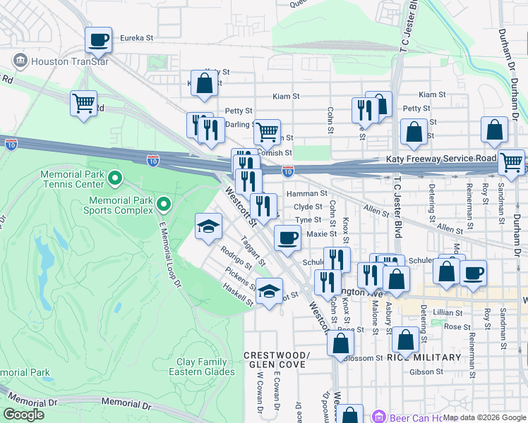 map of restaurants, bars, coffee shops, grocery stores, and more near 6400 Washington Avenue in Houston
