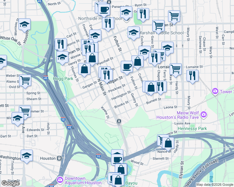 map of restaurants, bars, coffee shops, grocery stores, and more near 1707 Everett Street in Houston
