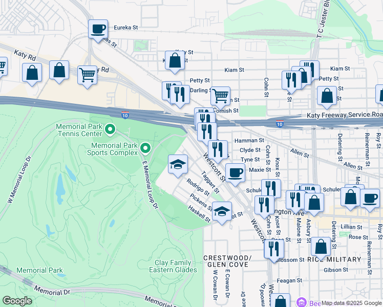 map of restaurants, bars, coffee shops, grocery stores, and more near 6618 Taggart Street in Houston