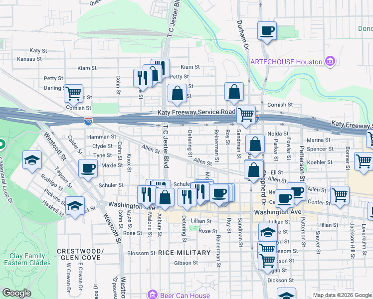 map of restaurants, bars, coffee shops, grocery stores, and more near 5317 Inker Street in Houston
