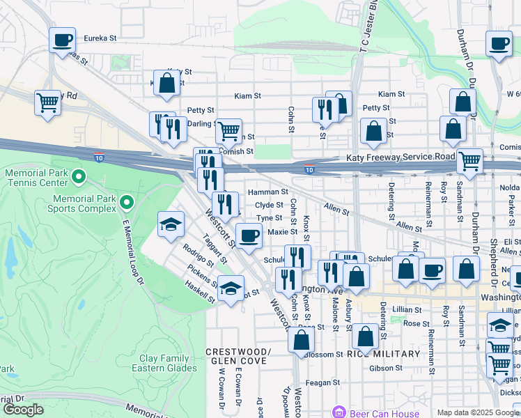 map of restaurants, bars, coffee shops, grocery stores, and more near 6113 Clyde Street in Houston