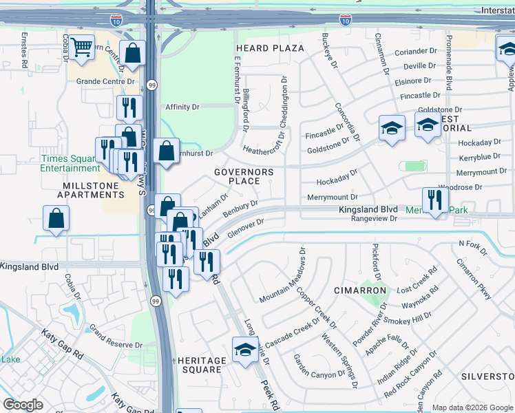 map of restaurants, bars, coffee shops, grocery stores, and more near 22931 Benbury Drive in Katy