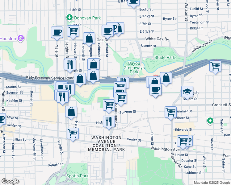 map of restaurants, bars, coffee shops, grocery stores, and more near 115 Studemont Street in Houston