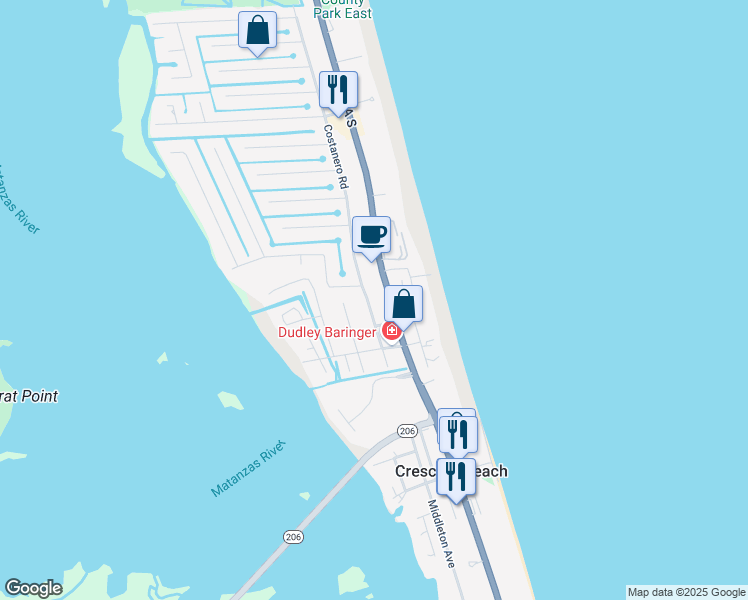 map of restaurants, bars, coffee shops, grocery stores, and more near 6433 A1A South in St. Augustine