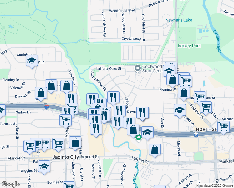map of restaurants, bars, coffee shops, grocery stores, and more near 820 Autumn Wood Drive in Houston