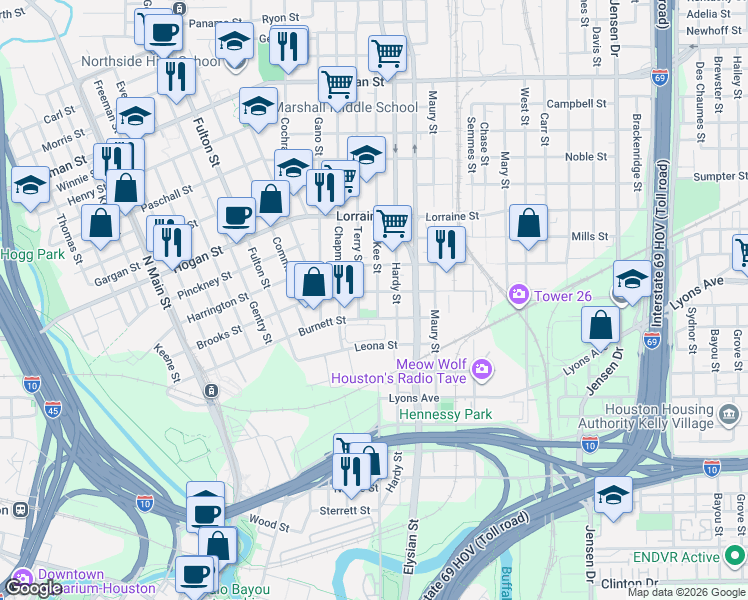 map of restaurants, bars, coffee shops, grocery stores, and more near 1508 McKee Street in Houston
