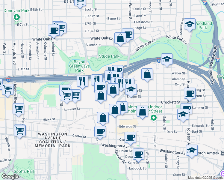 map of restaurants, bars, coffee shops, grocery stores, and more near 2424 Sawyer Heights Street in Houston