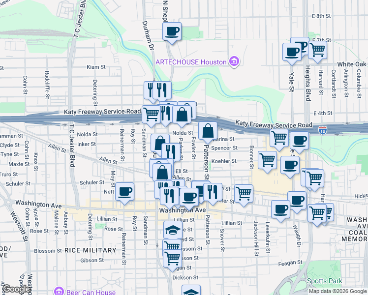 map of restaurants, bars, coffee shops, grocery stores, and more near 4602 Eigel Street in Houston