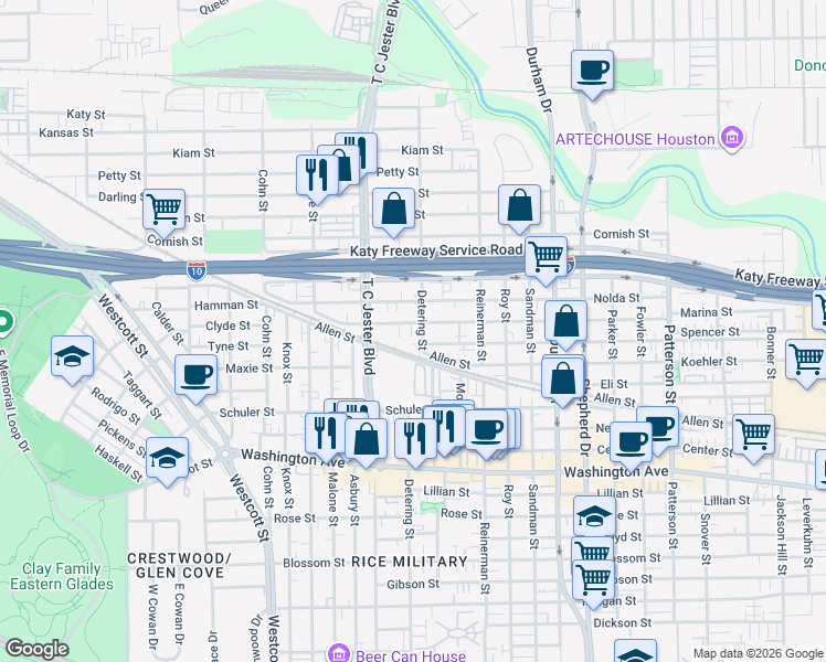 map of restaurants, bars, coffee shops, grocery stores, and more near 5317 Inker Street in Houston