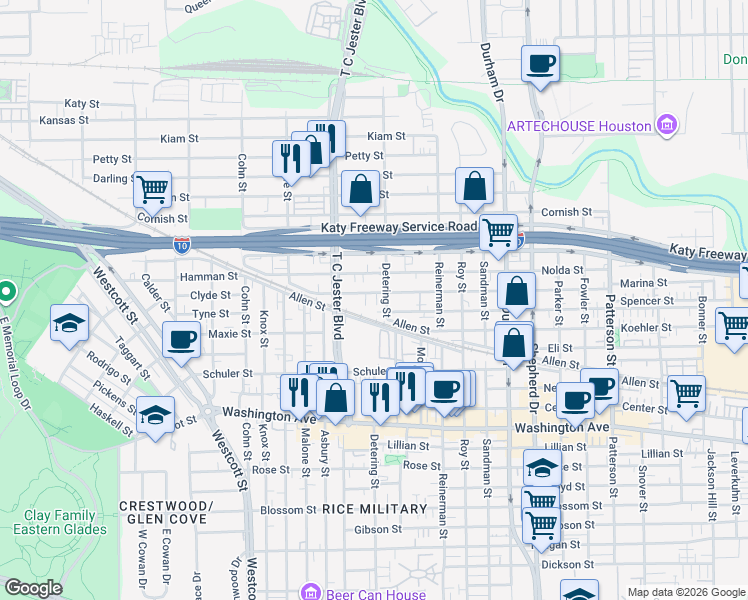 map of restaurants, bars, coffee shops, grocery stores, and more near 5317 Inker Street in Houston