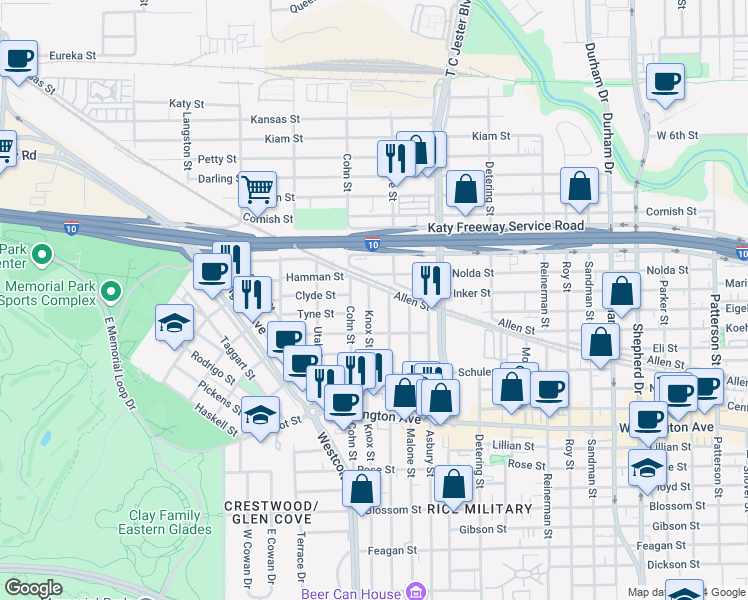 map of restaurants, bars, coffee shops, grocery stores, and more near 1606 Knox Street in Houston
