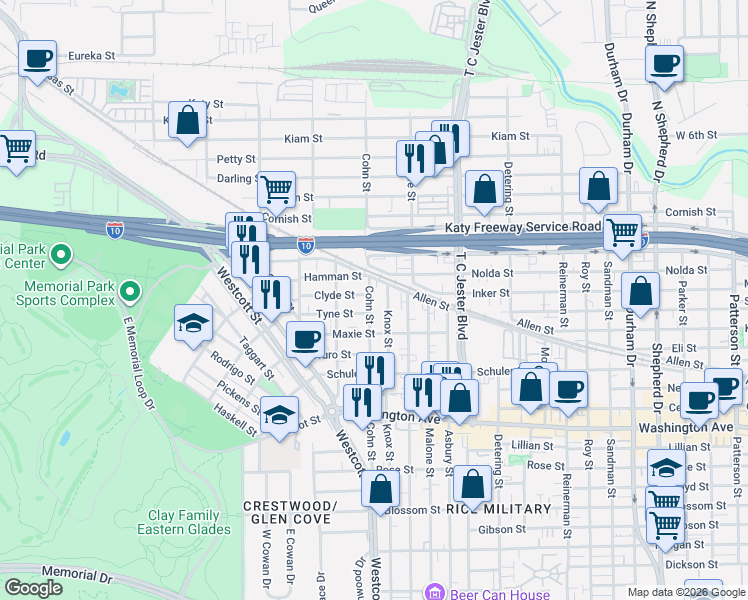 map of restaurants, bars, coffee shops, grocery stores, and more near 1606 Knox Street in Houston