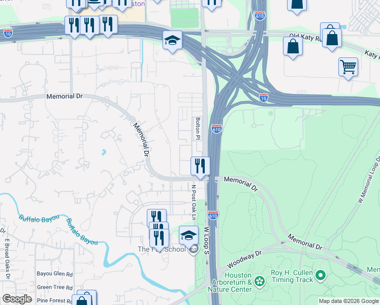 map of restaurants, bars, coffee shops, grocery stores, and more near 359 North Post Oak Lane in Houston