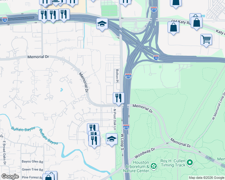 map of restaurants, bars, coffee shops, grocery stores, and more near 359 North Post Oak Lane in Houston
