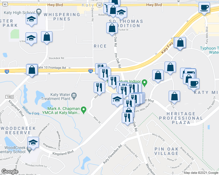 map of restaurants, bars, coffee shops, grocery stores, and more near 25645 Katy Freeway in Katy