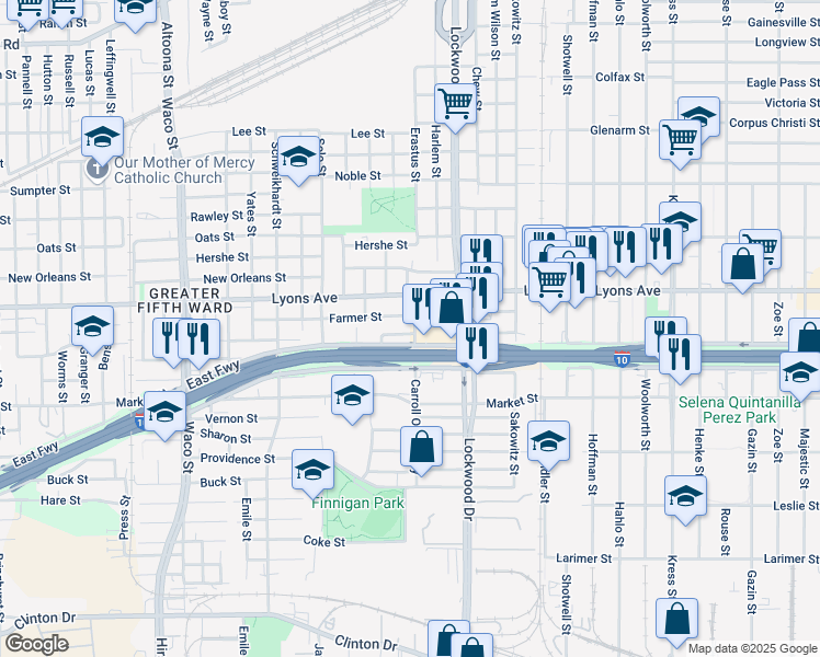 map of restaurants, bars, coffee shops, grocery stores, and more near 1407 Calles Street in Houston