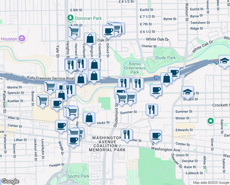 map of restaurants, bars, coffee shops, grocery stores, and more near 115 Studemont Street in Houston