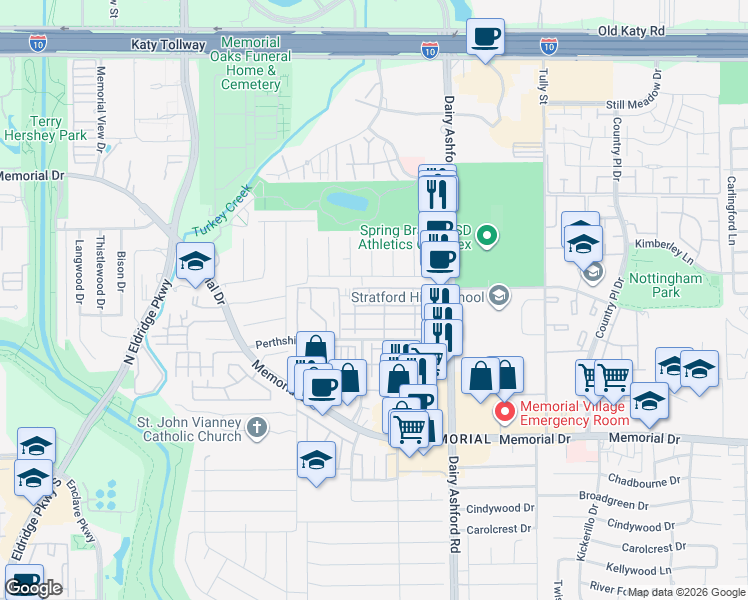 map of restaurants, bars, coffee shops, grocery stores, and more near 14722 Perthshire Road in Houston