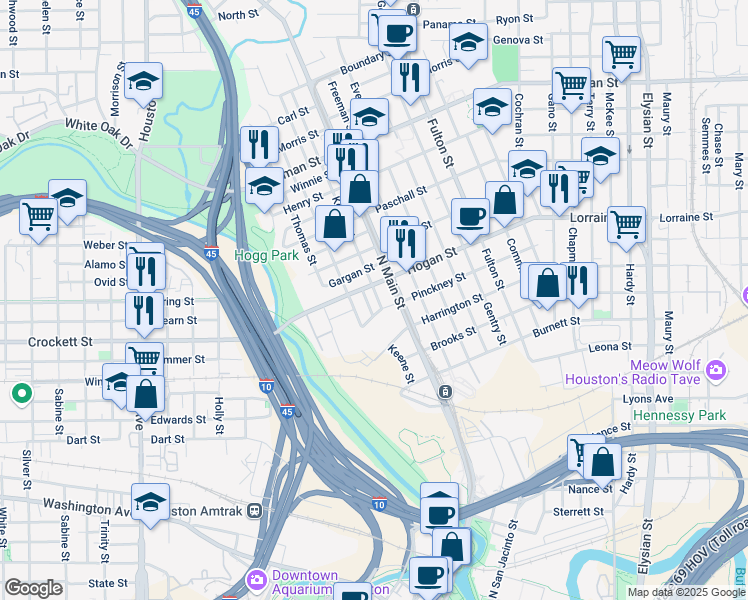 map of restaurants, bars, coffee shops, grocery stores, and more near 1808 Lewis Street in Houston