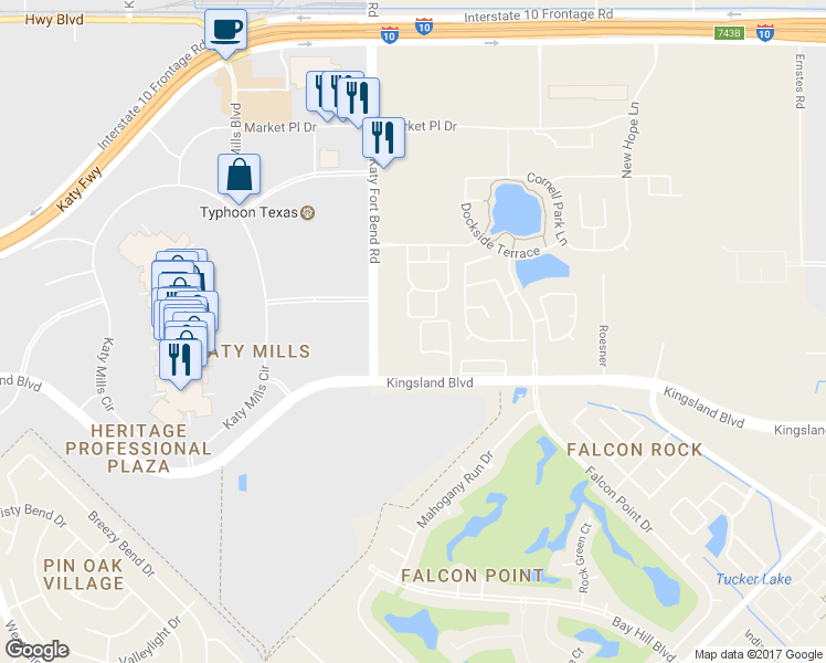 map of restaurants, bars, coffee shops, grocery stores, and more near 1100 Katy Fort Bend Road in Katy