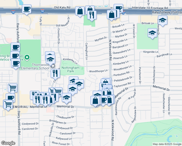 map of restaurants, bars, coffee shops, grocery stores, and more near 14127 Woodthorpe Lane in Houston
