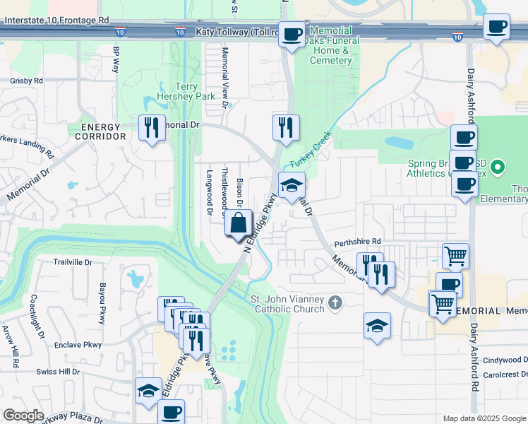 map of restaurants, bars, coffee shops, grocery stores, and more near 737 North Eldridge Parkway in Houston