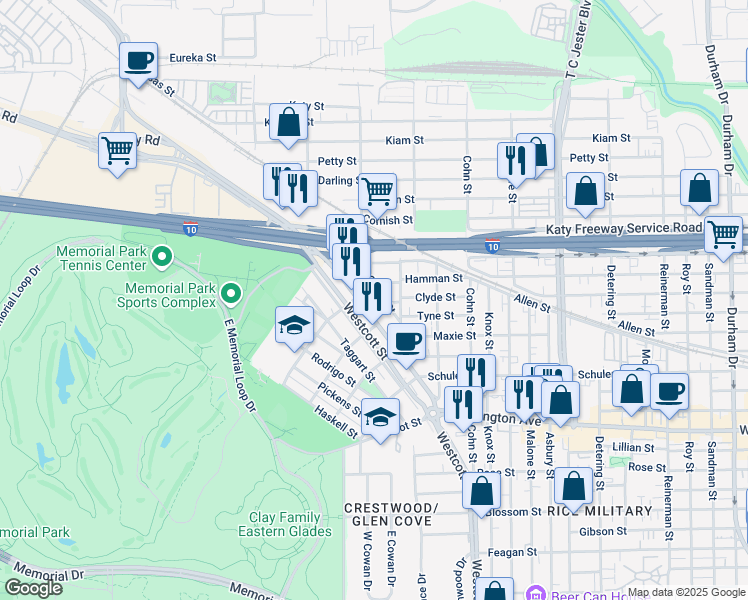 map of restaurants, bars, coffee shops, grocery stores, and more near 6400 Washington Avenue in Houston