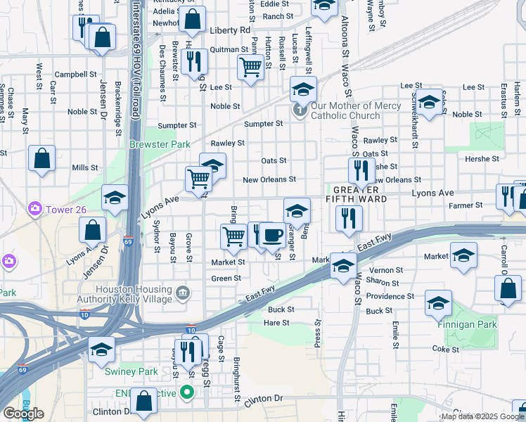 map of restaurants, bars, coffee shops, grocery stores, and more near 3714 Farmer Street in Houston