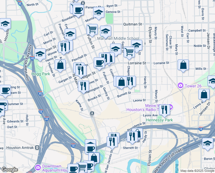 map of restaurants, bars, coffee shops, grocery stores, and more near 1103 Brooks Street in Houston