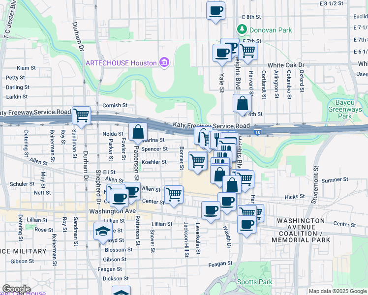 map of restaurants, bars, coffee shops, grocery stores, and more near 4040 Koehler Street in Houston