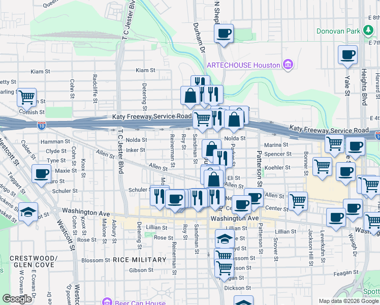 map of restaurants, bars, coffee shops, grocery stores, and more near 5008 Eigel Street in Houston