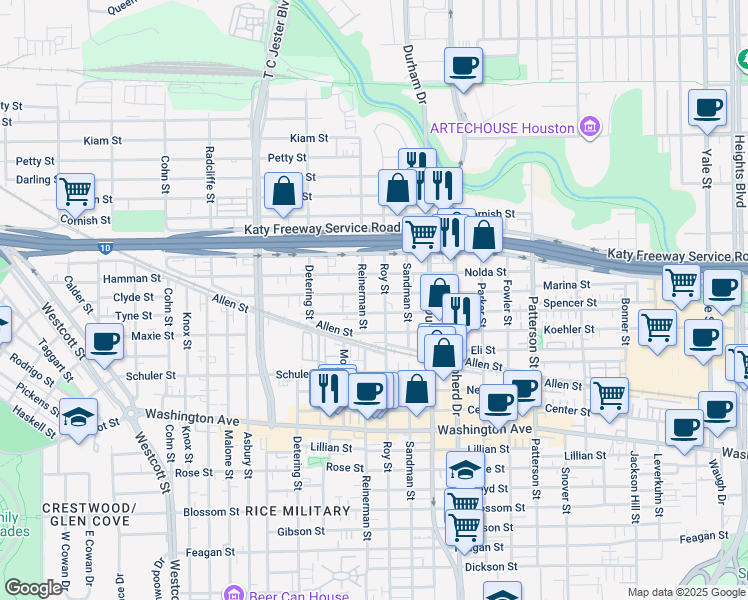 map of restaurants, bars, coffee shops, grocery stores, and more near 1604 Reinerman Street in Houston