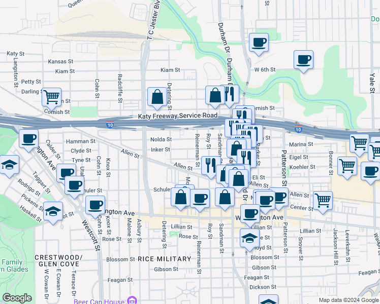map of restaurants, bars, coffee shops, grocery stores, and more near 1604 Reinerman Street in Houston