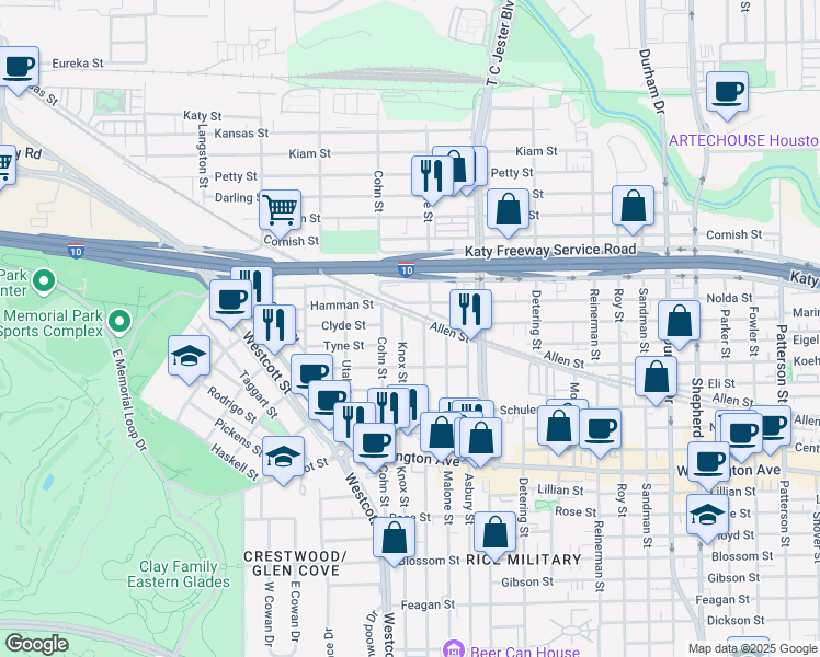 map of restaurants, bars, coffee shops, grocery stores, and more near 1606 Knox Street in Houston