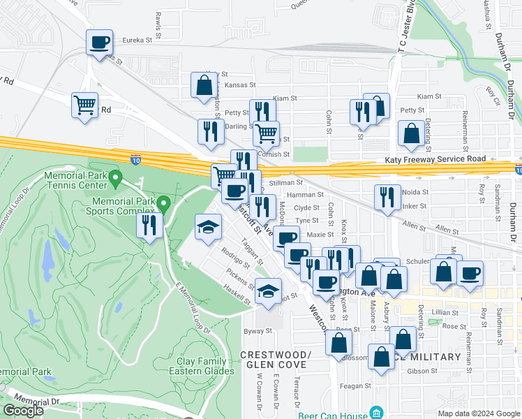 map of restaurants, bars, coffee shops, grocery stores, and more near 6205 Dell Street in Houston