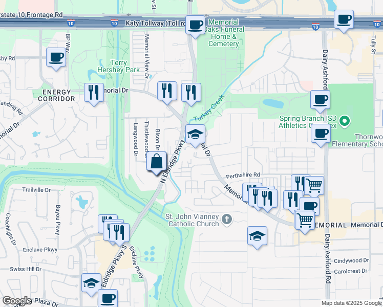 map of restaurants, bars, coffee shops, grocery stores, and more near 770 North Eldridge Parkway in Houston