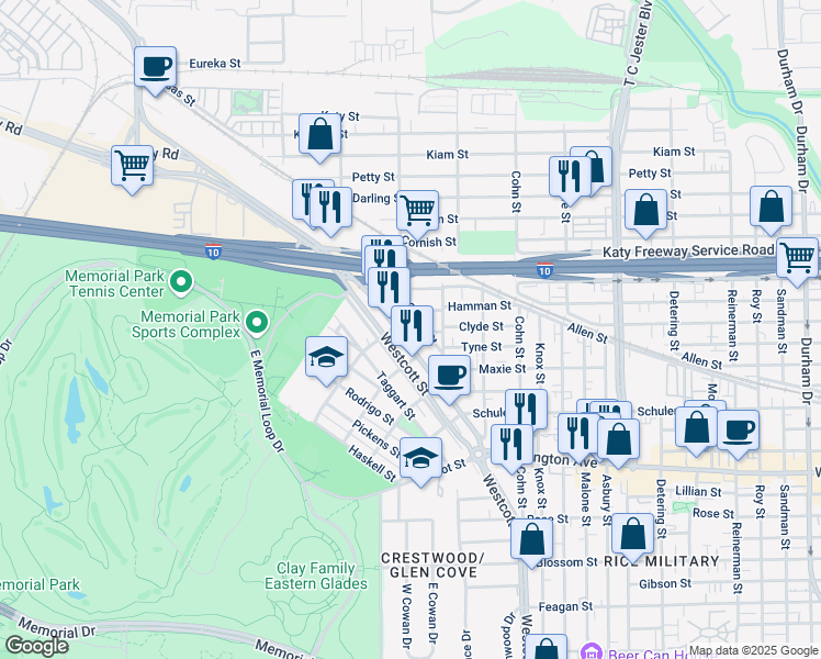 map of restaurants, bars, coffee shops, grocery stores, and more near 6400 Washington Avenue in Houston