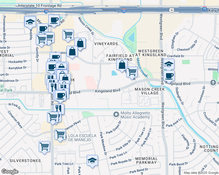 map of restaurants, bars, coffee shops, grocery stores, and more near 21436-21500 Kingsland Blvd in Katy