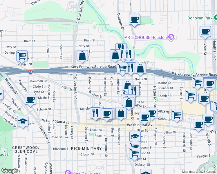 map of restaurants, bars, coffee shops, grocery stores, and more near 1604 Reinerman Street in Houston