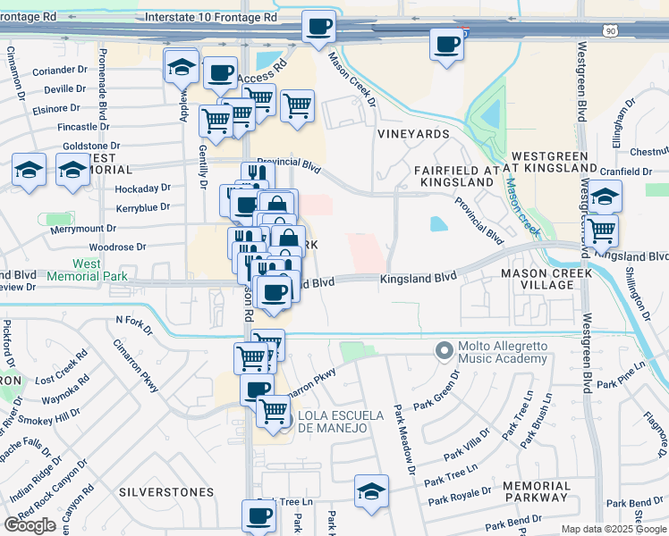 map of restaurants, bars, coffee shops, grocery stores, and more near 21770 Kingsland Boulevard in Katy
