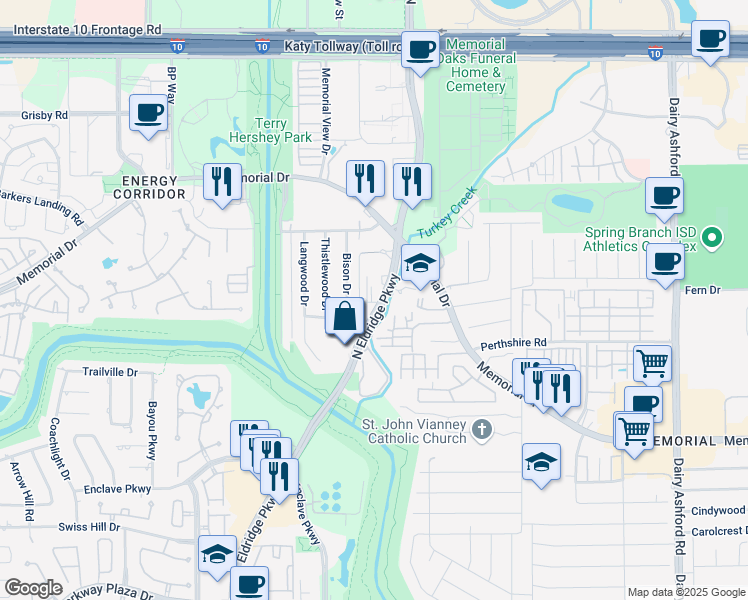 map of restaurants, bars, coffee shops, grocery stores, and more near 737 North Eldridge Parkway in Houston