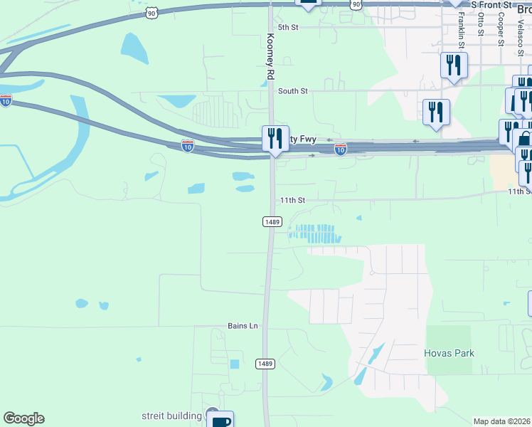 map of restaurants, bars, coffee shops, grocery stores, and more near 822 Farm to Market 1489 in Brookshire