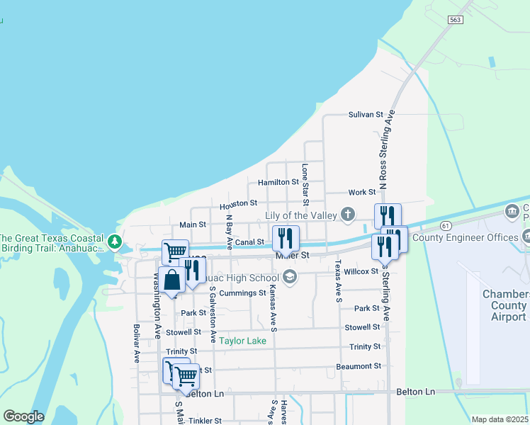 map of restaurants, bars, coffee shops, grocery stores, and more near 711 North Main Street in Anahuac