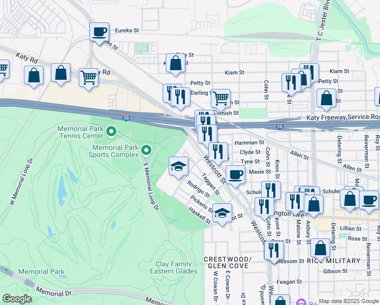 map of restaurants, bars, coffee shops, grocery stores, and more near 6618 Taggart Street in Houston