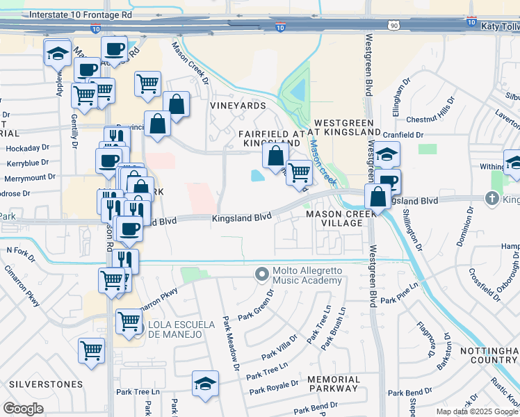 map of restaurants, bars, coffee shops, grocery stores, and more near 21436 Kingsland Boulevard in Katy