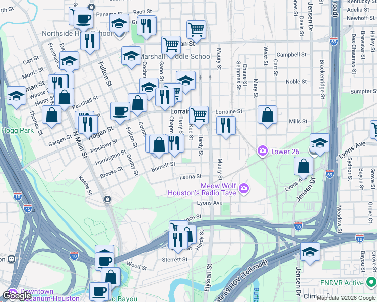 map of restaurants, bars, coffee shops, grocery stores, and more near 1508 McKee Street in Houston