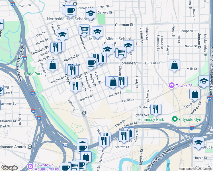 map of restaurants, bars, coffee shops, grocery stores, and more near 1103 Brooks Street in Houston