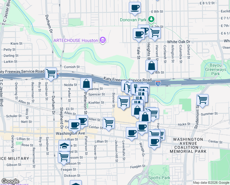 map of restaurants, bars, coffee shops, grocery stores, and more near 4040 Koehler Street in Houston