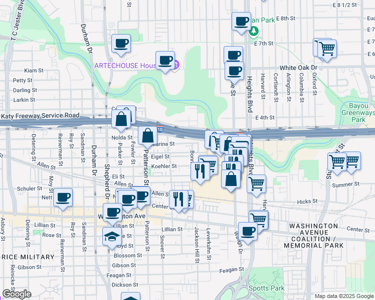 map of restaurants, bars, coffee shops, grocery stores, and more near 4130 Eigel Street in Houston