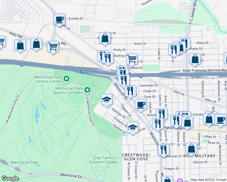 map of restaurants, bars, coffee shops, grocery stores, and more near 6618 Taggart Street in Houston